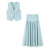 Kaslead New Women Clothes Western Style Fashion Simple Denim-like Fabric Short Vest Long Skirt Set