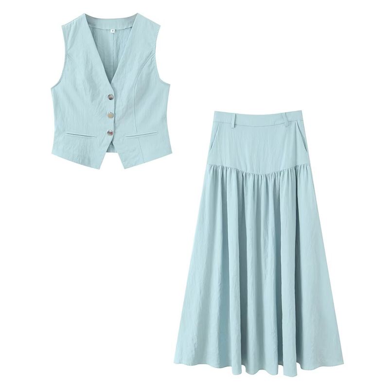 Kaslead New Women Clothes Western Style Fashion Simple Denim-like Fabric Short Vest Long Skirt Set