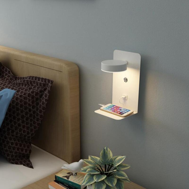 Bedside LED Wall Lamp With Shelf Bedroom USB Charging Interface Adjustable With Switch Storage Bracket 12W Wall Sconce Light