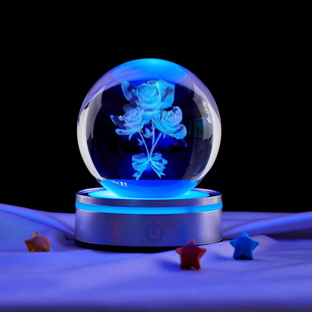 Crystal Ball Night Light with Three Rose Stickers – Elegant Desktop Ornament & Birthday Gift for Girls, Friends, or Boyfriend