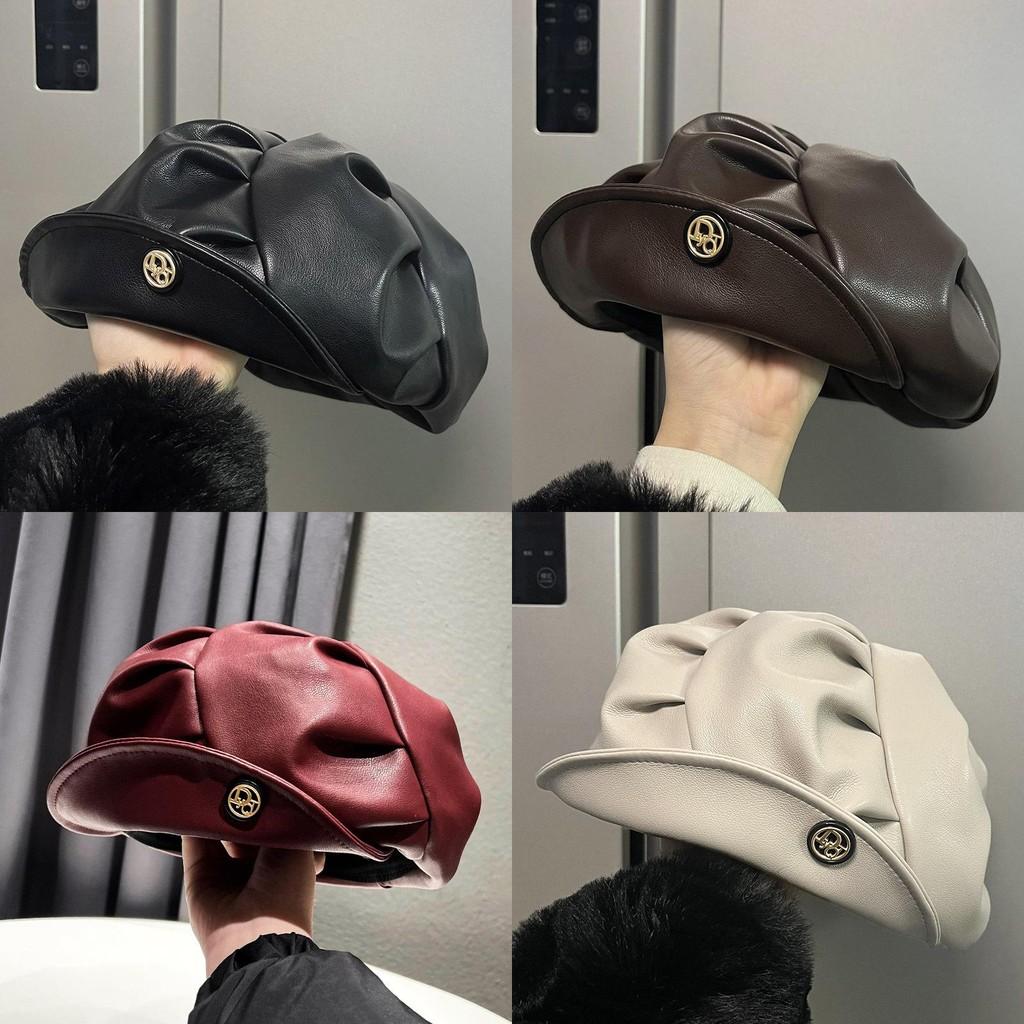 Pu Trendy Leather Beret For Women Vintage Style Sun Protection Cap Painter