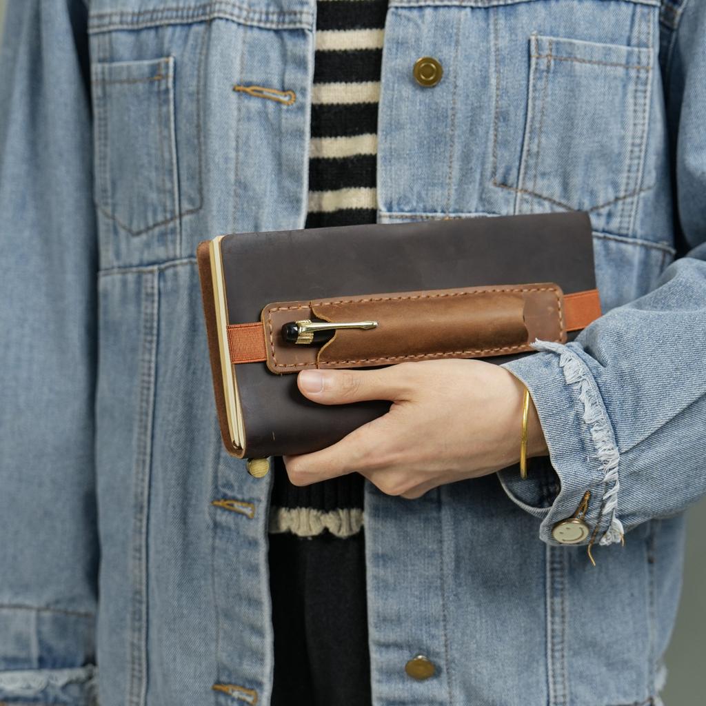 Top Leather Pencil Bag with Elastic Band, Retro Pen Case Holder for Travel Notebook, Portable Pen Pouch School Office Stationery