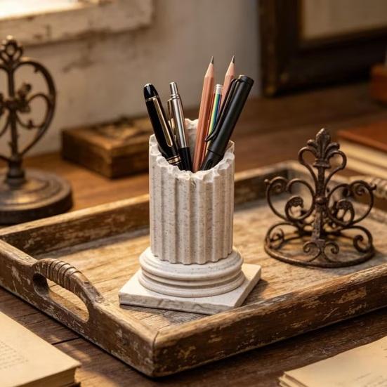 Vintage Roman Pillar Pen Holder, 3D Printed Column Stationery Container, Decorative Pencil Organizer Box for Home Office Desk