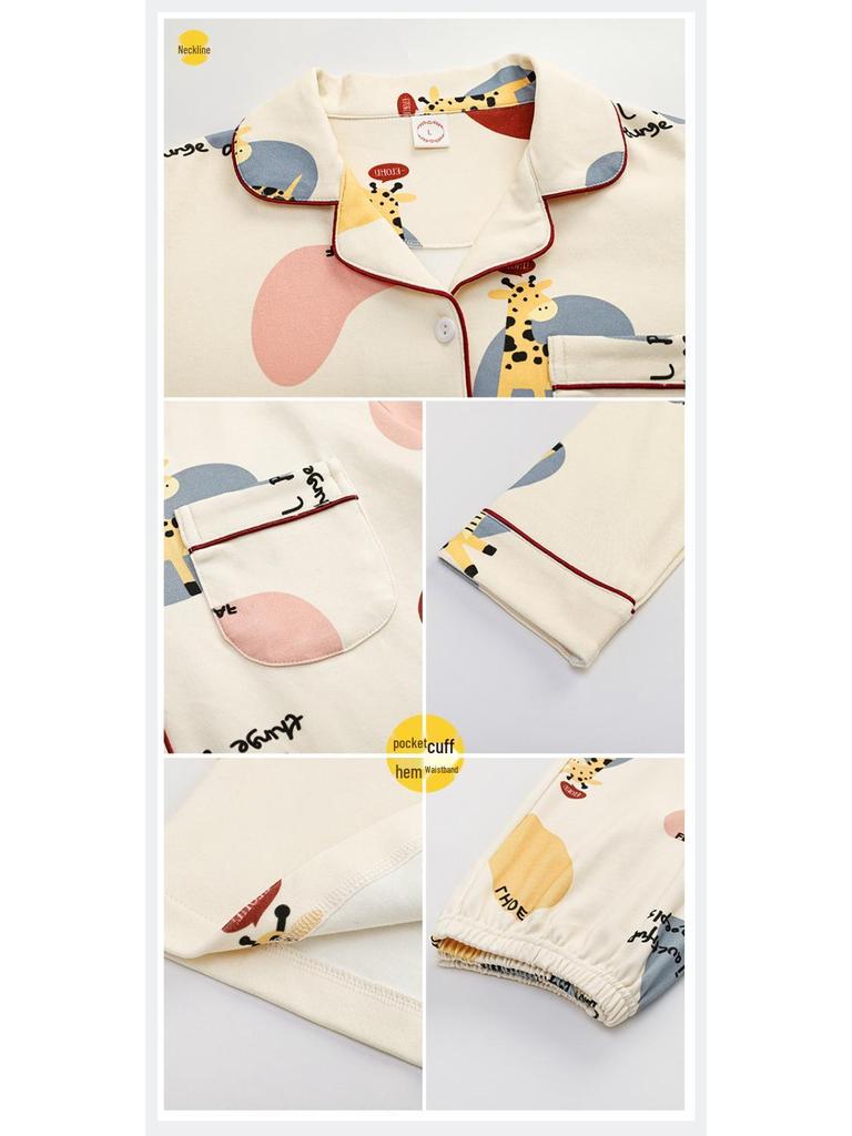 Women's Korean-Style Cartoon Pajama Set - 100% Cotton, Long-Sleeved, Suitable for Spring, Autumn, and Winter, with Cardigan for Home Wear.