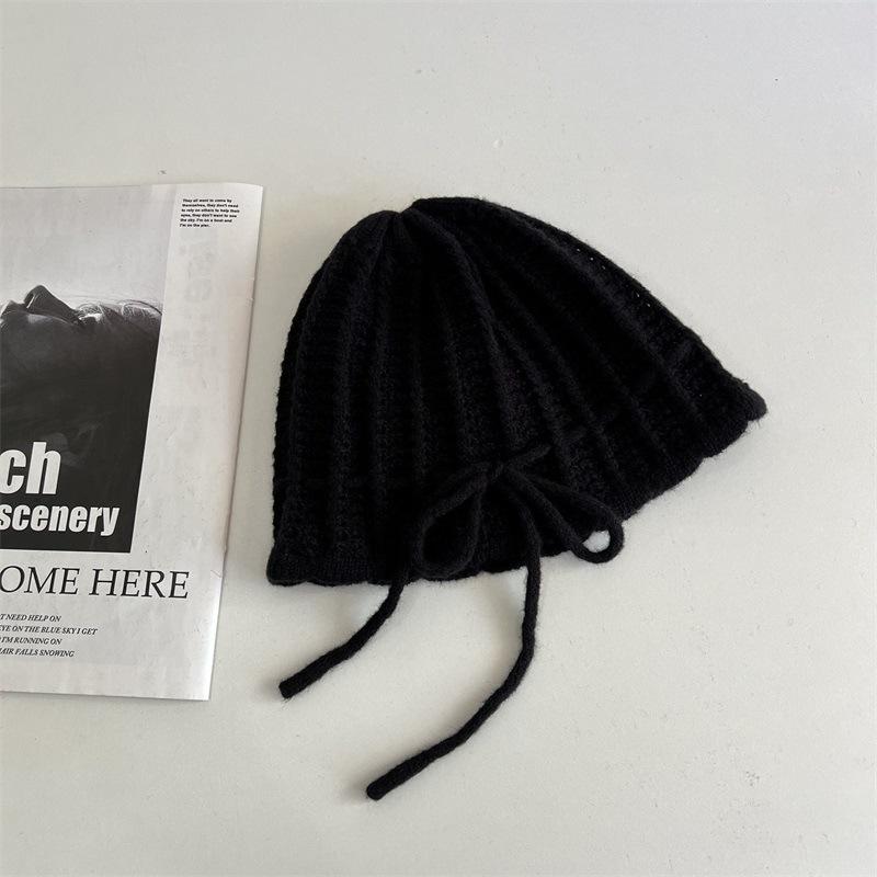 Sweet Bow Drawstring Knitted Hat Children Autumn and Winter Gentle Beige Versatile Wool Hat Bag Head Cold Hat