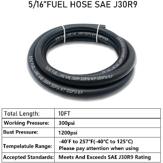 5/16 Inch ID Fuel Line Hose, J30R9 NBR Rubber Push Lock Hose High-Pressure 300PSI Gasoline Tube with 10 PCS SS Clamps for Fuel Systems Engines 10FT