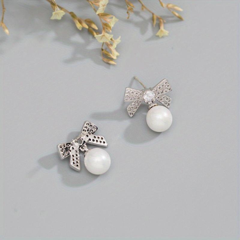 Fashionable Jewelry Exquisite Inlaid Zircon Bow Earrings Sweet Pearl Pendant Earrings