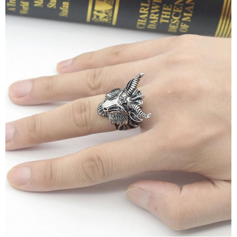 Adjustable Sterling Goat Head Pentagram Ring Men Women Vintage Punk Statement Jewelry