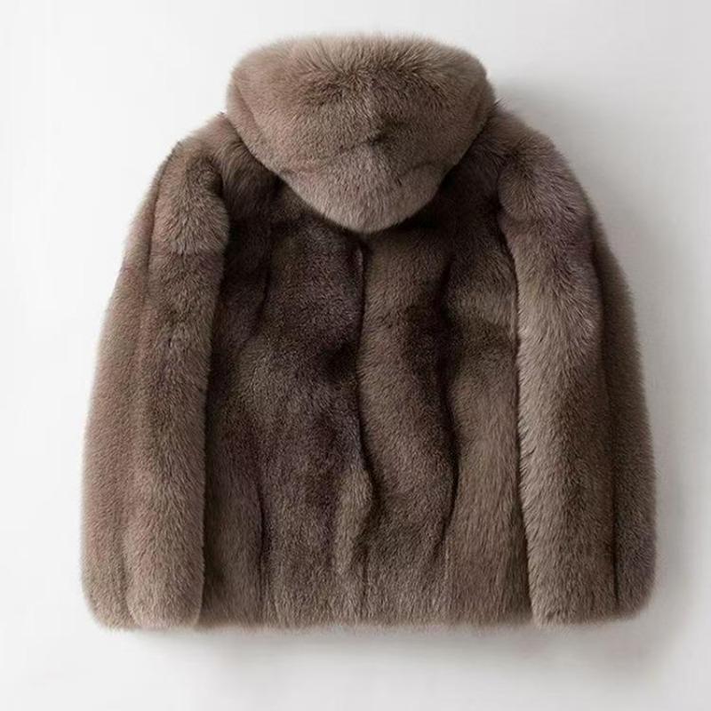 Herren Herbst- und Wintermantel mit Kapuze aus Fuchsfell, Modisch, Warm, Leicht und Luxuriös, Lässiger Kurzer Pelz-Baumwollmantel
