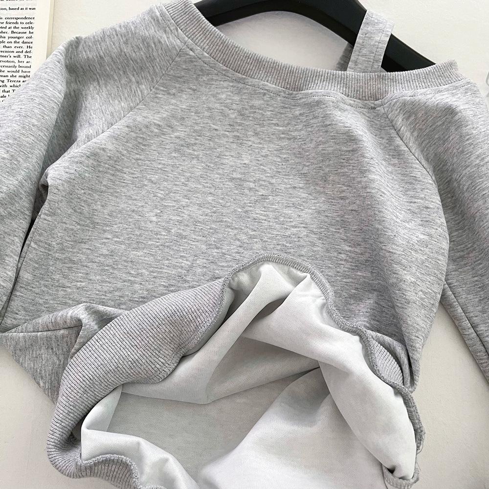 Kids' Solid Color Off-Shoulder Terry Cloth Hoodie - Casual Long Sleeve Autumn Mid-Length Loose Top.