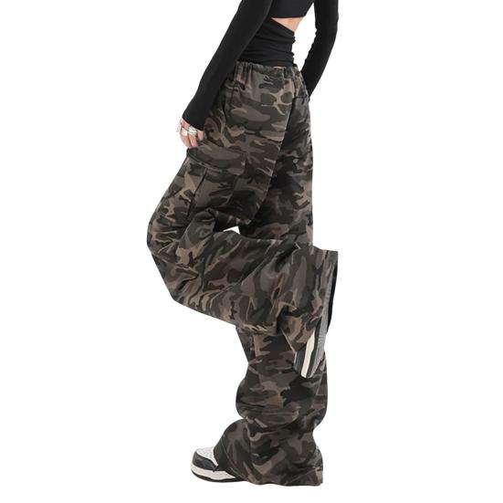Women Cargo Pants Elastic High Waist Adjustable Drawstring Casual Trousers Camouflage Print Loose