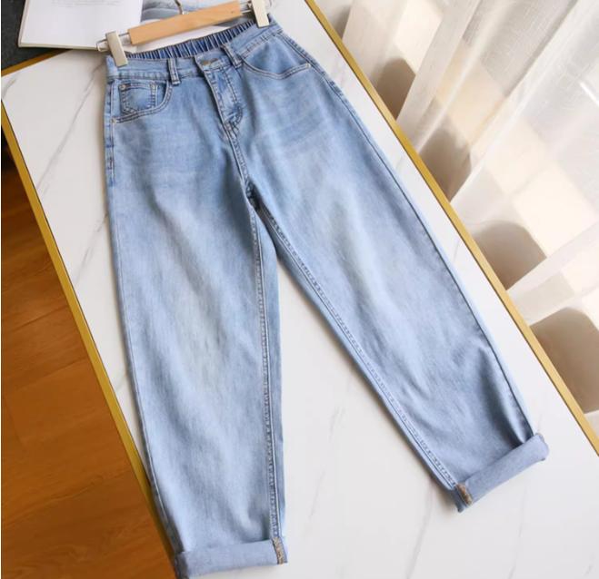 Ladies' High Waisted Loose Straight Leg Back Elastic Waistband Nine Point Haren Pants