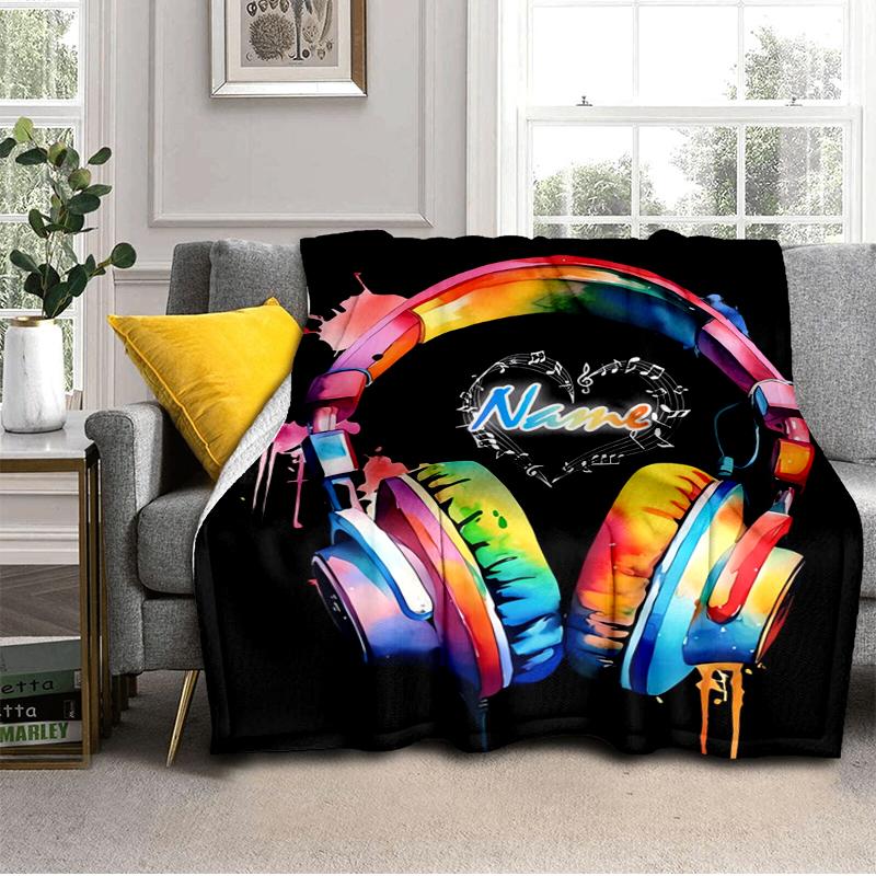 1PC Custom Name Colorful Music Headphones Flannel blankets Patterns Throw Blanket All-Season Soft Gift for Couch, Bed, Camping gifts