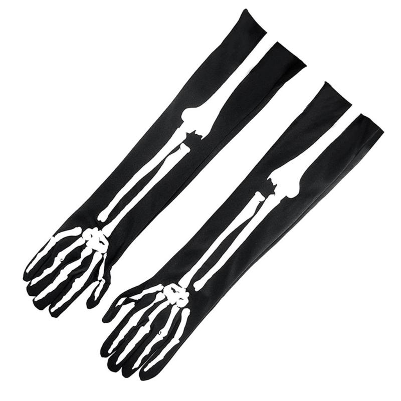 Halloween Skeleton Gloves Short Long Full Finger Bone Print Mittens Dress Party Costume Accessories for Women Men