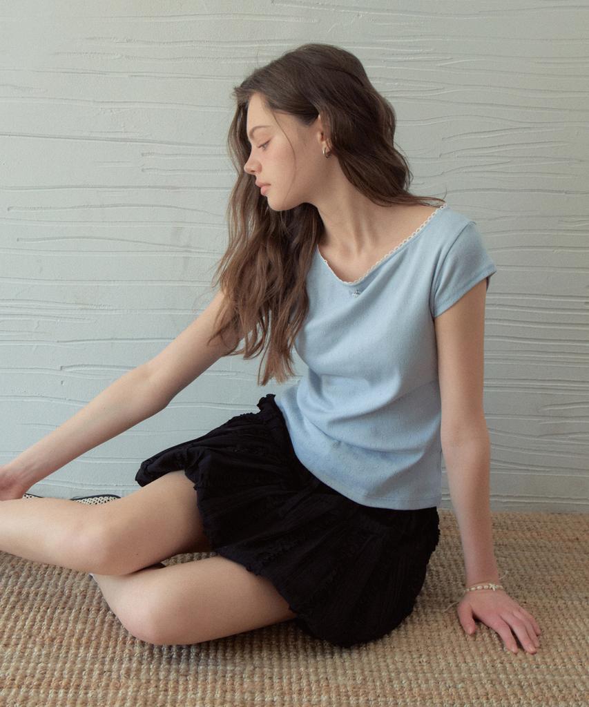 Aueonoseuteljia Bubble Lace Boat Neck T-Shirt_Light Blue(Ob6Tp09)