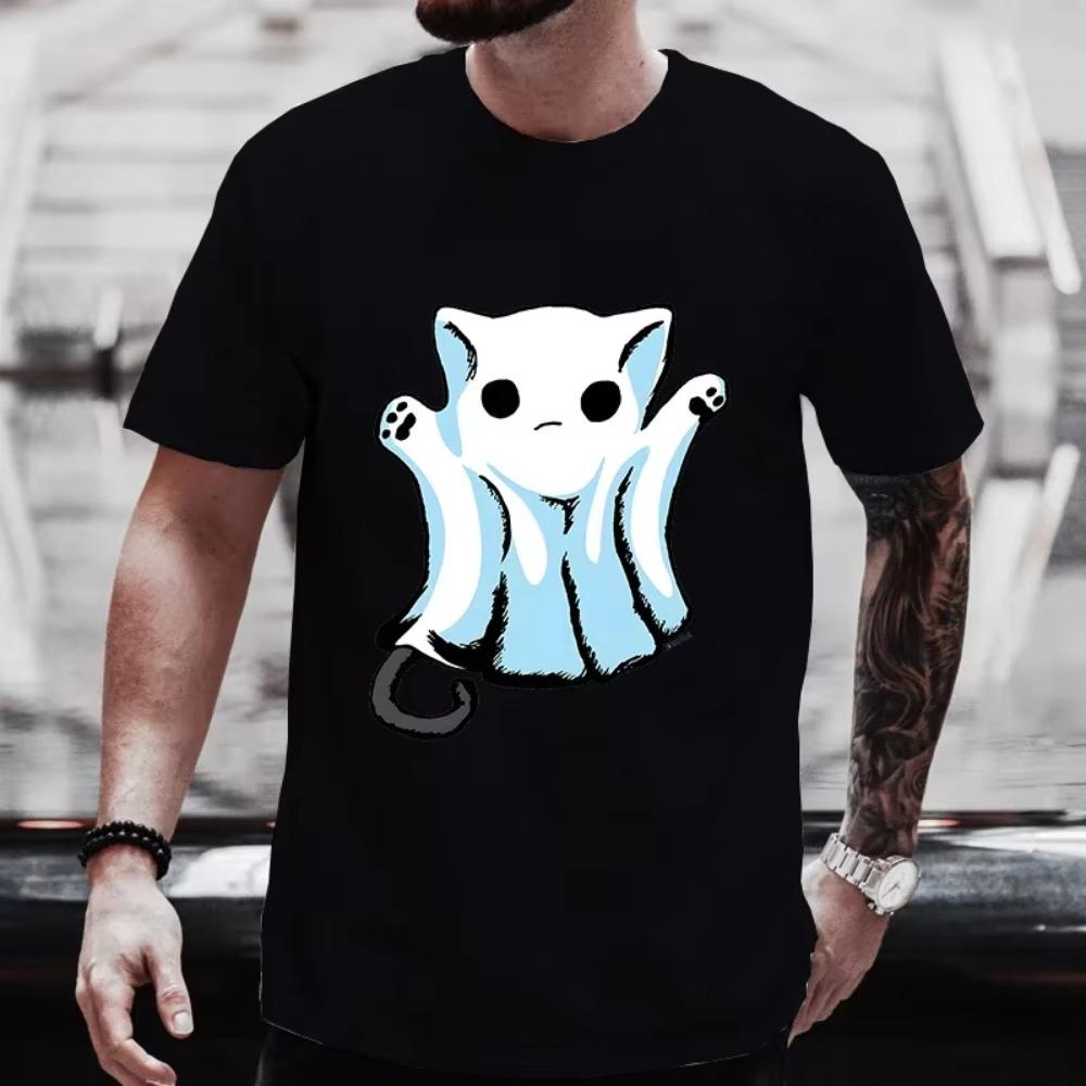 

Men s T-shirt Cute Boo Cat Halloween Party Classic Print Tshirts Fashion Trend T-shirts Spooky Season Casual Tee Clothes Tops XXXXXL чёрный