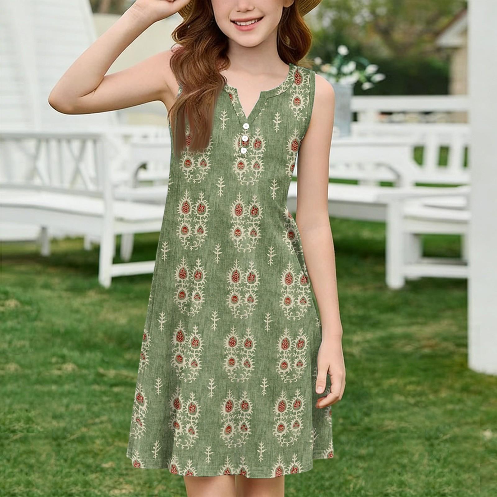 

Девочка Летнее Платье Цвет & Принт Без Рукавов С Карманом Повседневное Платье Без Рукавов Вечернее Платье 110 армия зеленый