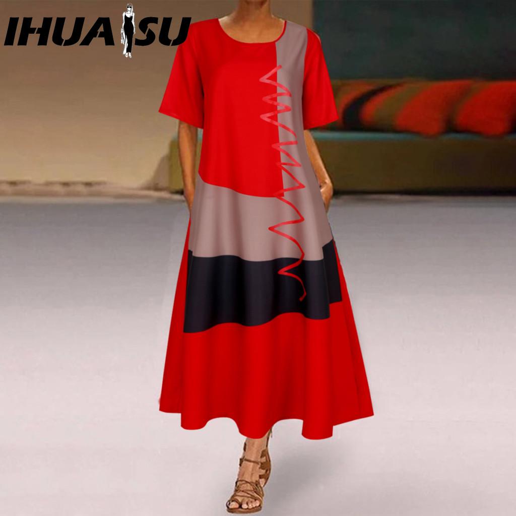 IHUASU Women's Fashion Summer Spring Short Sleeve O-Neck Casual Dresses