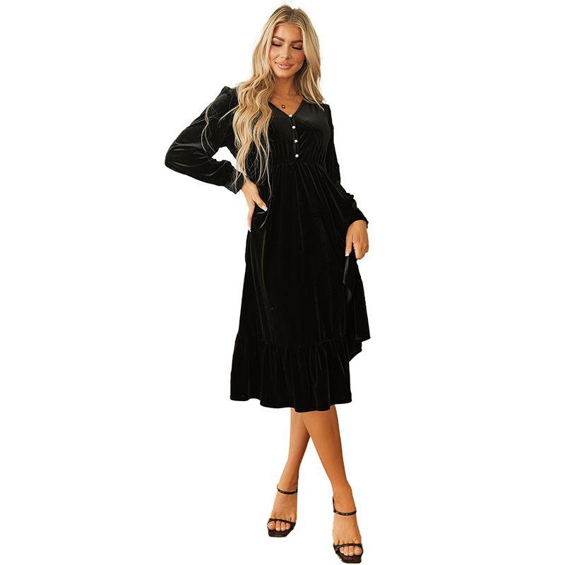 

American Shiying Winter New Arrival Elegant Solid Color Velvet Dress Women 2025 Fashion Side Slit Midi Dress Black S code fits (45.00 kg-55.00 kg