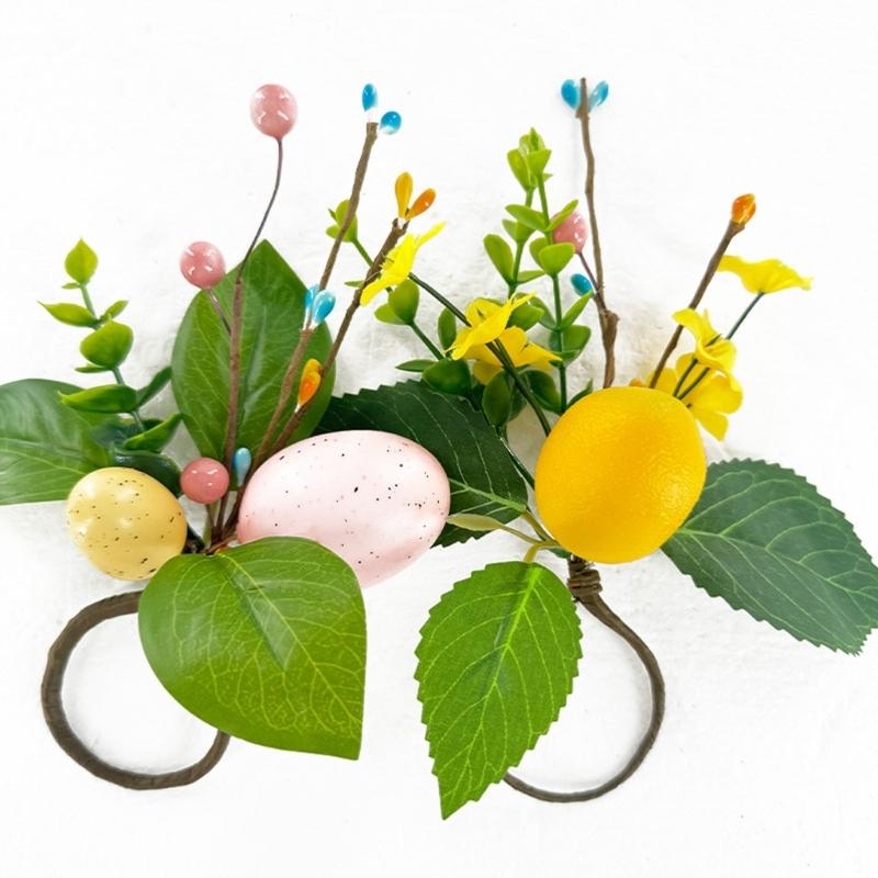 Easter Themed Simulated Green Grass Napkin Rings With Silk Leaf And Colorful Eggs For Festival Table Decoration