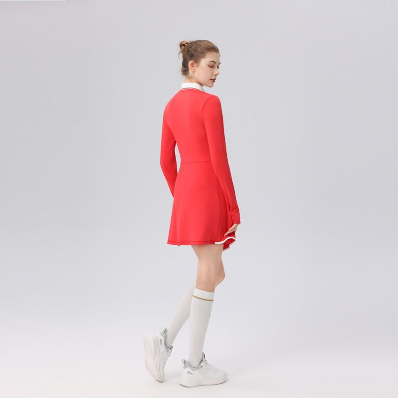 Womens Tennis Dress With Contrast Polo Collar High-Elastic Fit Built-in Shorts Breathable Knit Sport Set