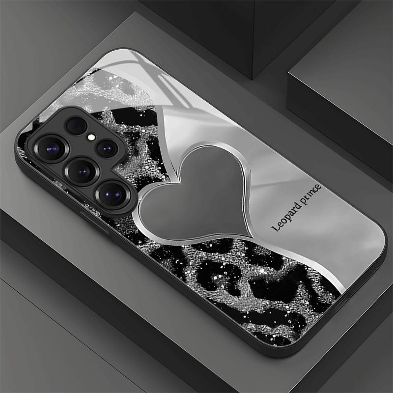 Leopard patterned heart-shaped design glass phone case suitable for Samsung GalaxyS26 S25 S24 S22 S21 S20FE/Ultra/Plus anti drop