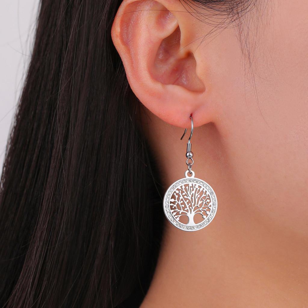 Lucktune Tree of Life Round Pendant Earrings for Women Stainless Steel Crystal Zircon Tree Earring Jewelry Valentine's Day Gifts