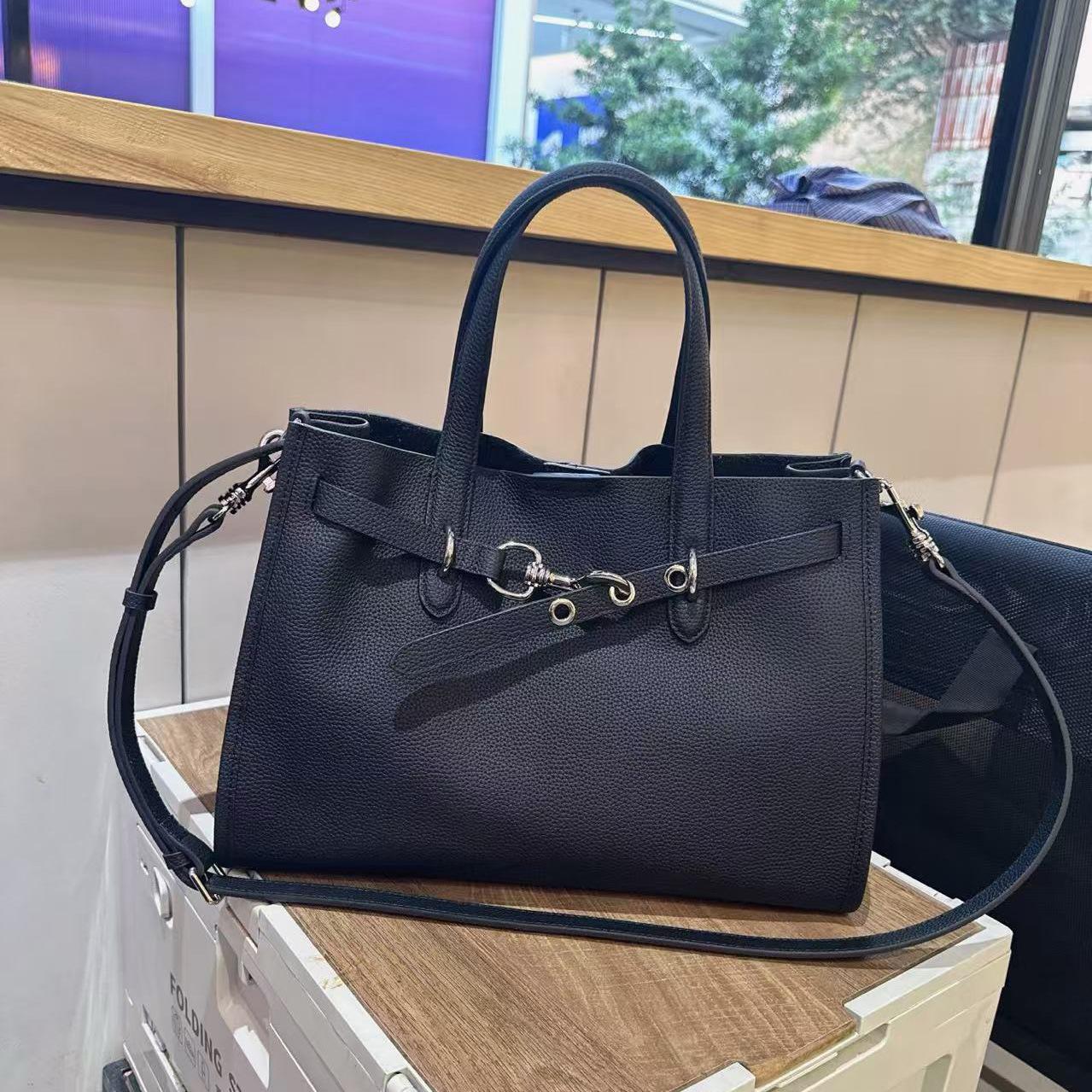 

Cross-border bags 2025 new commuter big bags, leather simple tote bags, large-capacity first-layer cowhide handbags 35x15x26cm чёрный
