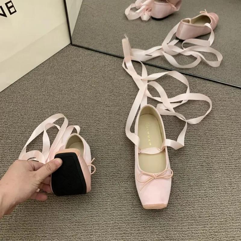 Women's Flats Elegant Flower Designer Womens Shoes Sweet Lolita Flats Lace Up Ballet Flats Square Toe Shallow Mouth Single Shoes
