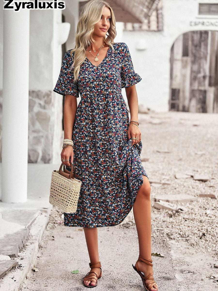 Research and Design Printed V-Neck Short Sleeve Dress Summer Women s Clothing  Fashion S