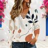 Women Plus Size V Neck Long Sleeve Eyelet Chain Lace Up Curved Hem Printed Top