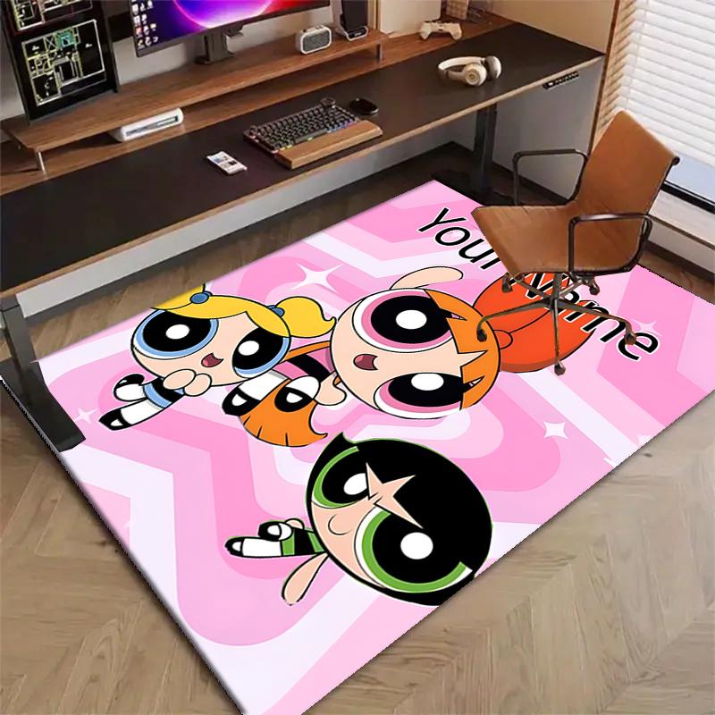 Powerpuff Design Area Rug Personalized Name- Non-Slip, Soft & Cozy Floor Mat for Living Room, Office - Indoor/Outdoor Carpet