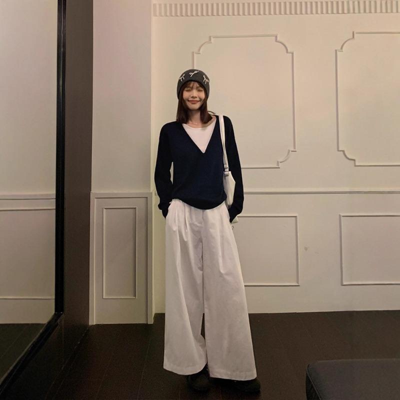 Song Zhengen Navy Blue Fake Two-piece Knitted Sweater Women's Autumn New Loose High-end Lazy Sweater Long-sleeved Top