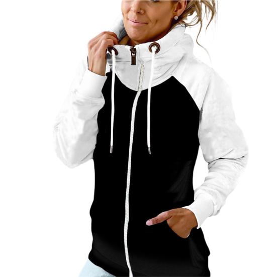 Felpa con cappuccio invernale da donna con cerniera, in pile, con colori a contrasto, patchwork, calda protezione per il collo, casual, morbida, autunnale, abbigliamento femminile