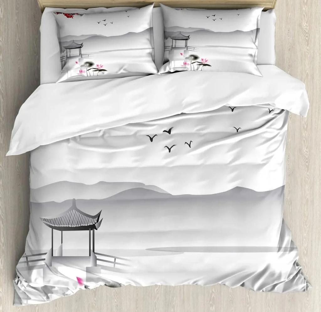 Japanese Duvet Cover Set,Girl In Traditional Dress and Cultural Patterns Antique Eastern Collage Bedding Sets Full,Brown Cream