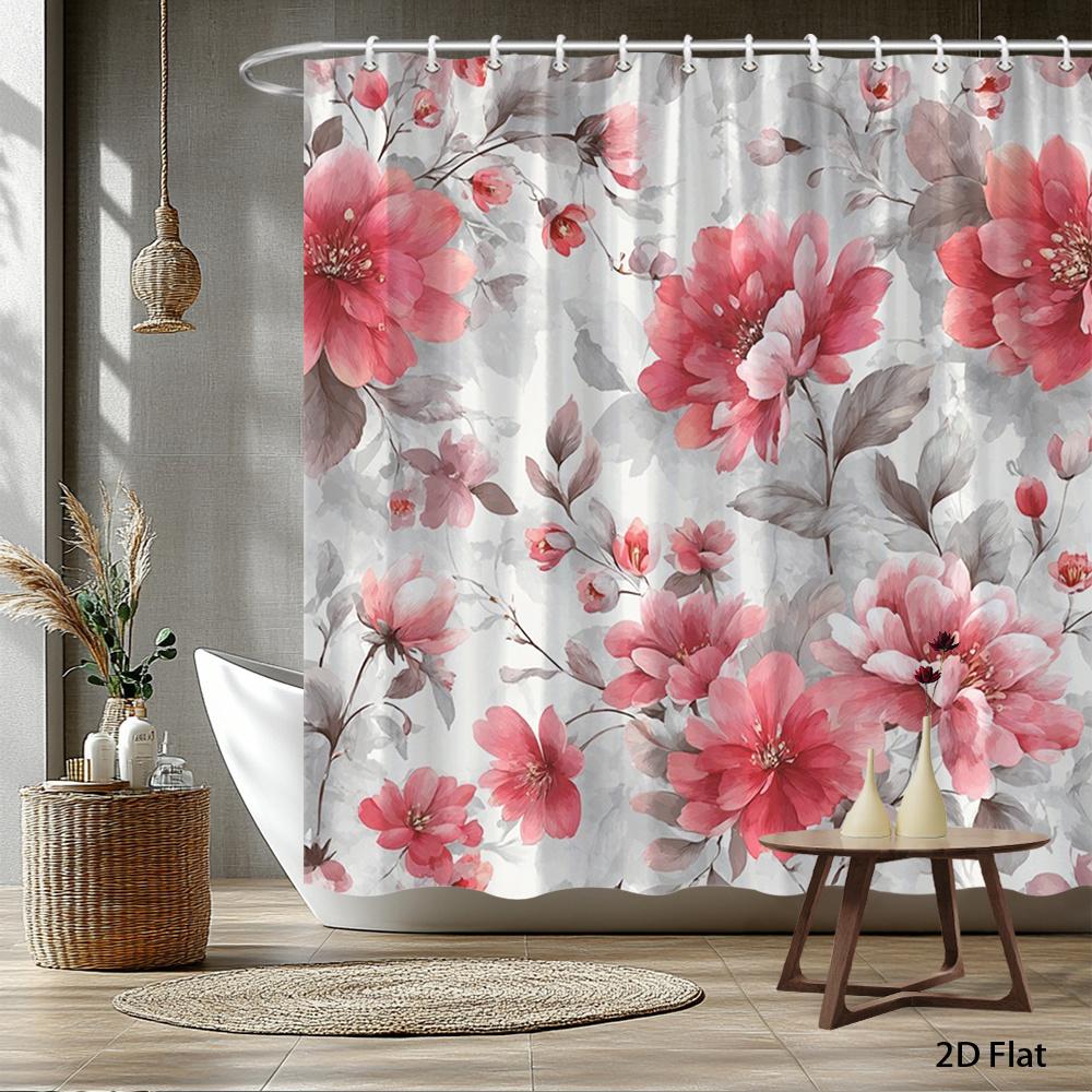 1pc Pink floral patterned shower curtain with hooks, made of polyester, machine washable, suitable for bathroom decor.