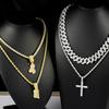 Stylish Hip-hop Punk Necklace Set Iced Out Inlay Diamonds Cross Jesus Pendant Cuban Chain Tennis Chain Men Women Jewelry Gift