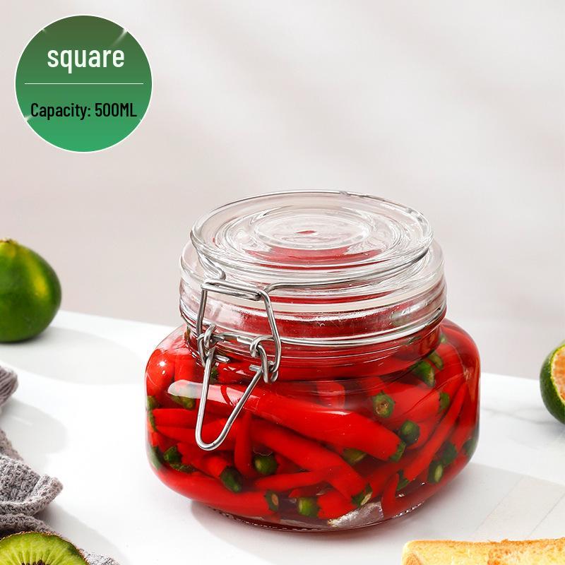 Glass Storage Jar with Transparent Buckle for Kitchen, Food-Grade Sealed Container for Grains