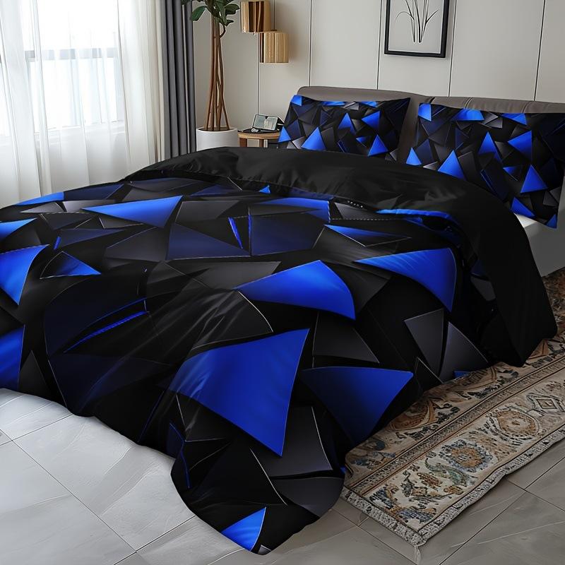 Geometric Triangle Duvet Set Blue Digital Print Three-Piece Set For Home And Dormitory Decoration