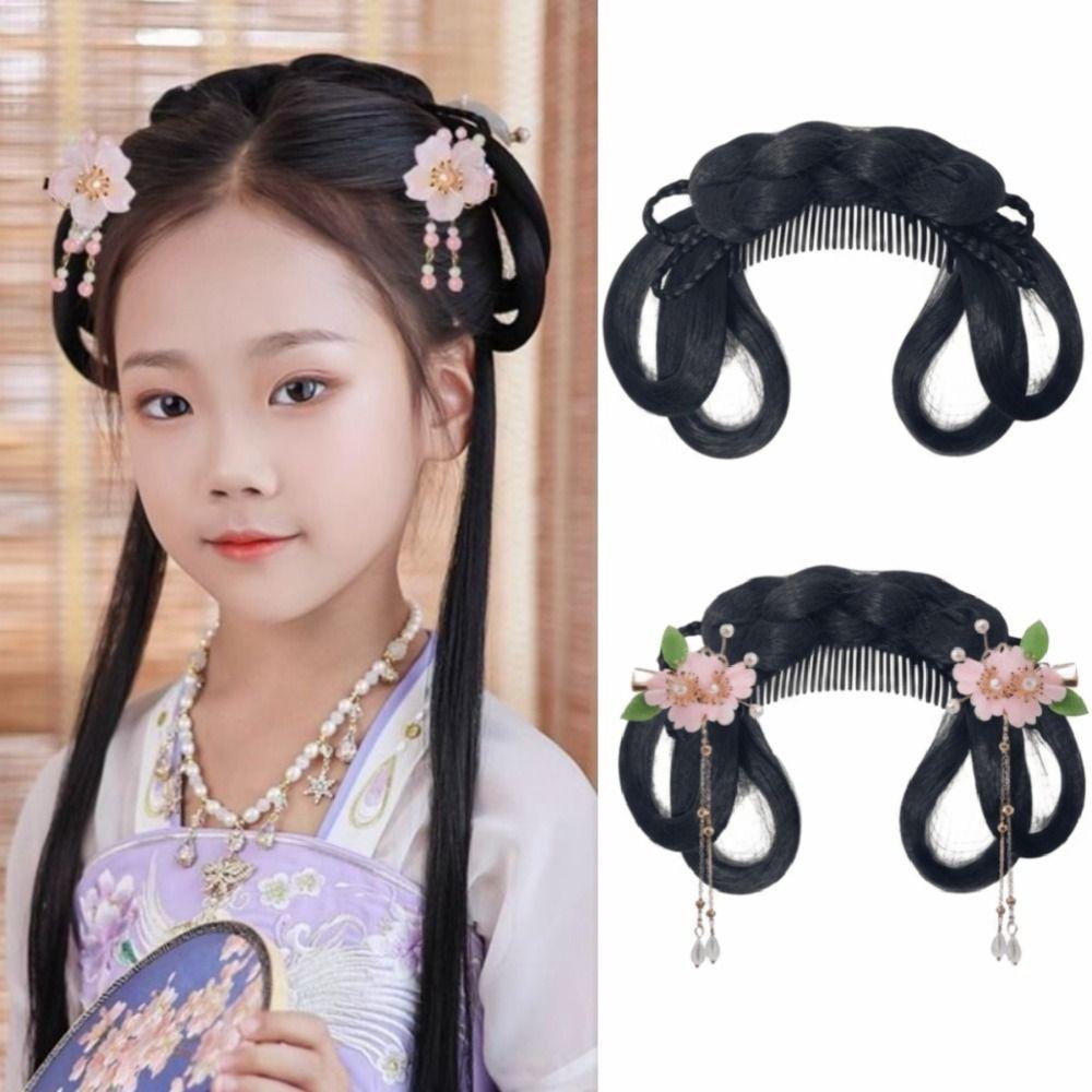 Headdress Girls Chinese Chignon Black Princess Hair Bun Cosplay Wig Integrated Hair Bun  for Kids