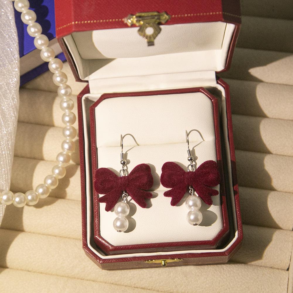 Autumn And Winter Red Retro Flocking Bow Fringed Earrings, New Year S Burgundy Fur Ball Pearl Stud Earrings