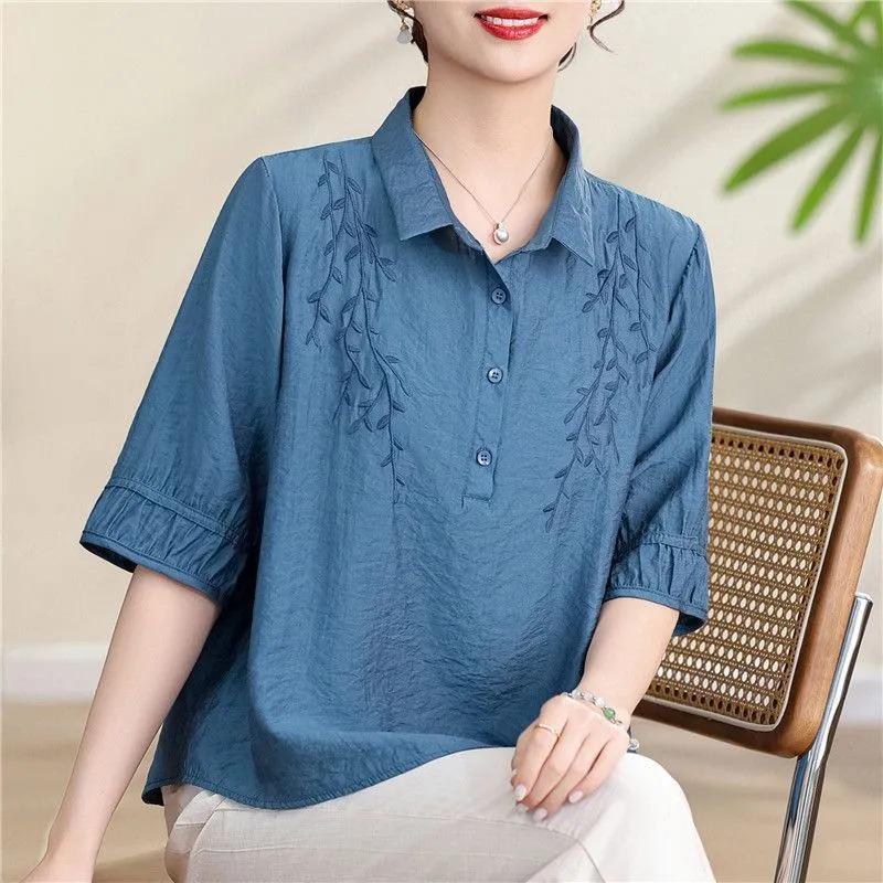 Womens Purple Leaf Embroidered Blouse Casual Collared Half Button 3/4 Sleeve Cotton Linen Top M