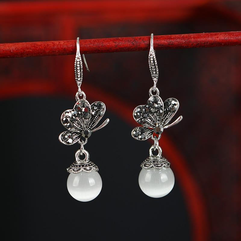 Retro Ethnic Style Butterfly Agate Earrings Women's Long Tassel Temperament Opal Earrings Antique Simple Ear Jewelry