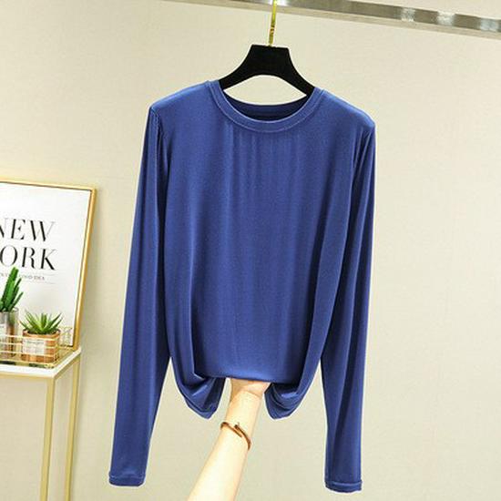 Women's Loose Korean-Style Modal Long-Sleeve Shirt - Spring/Autumn, Round Neck, Slimming, Versatile, Plus Size.