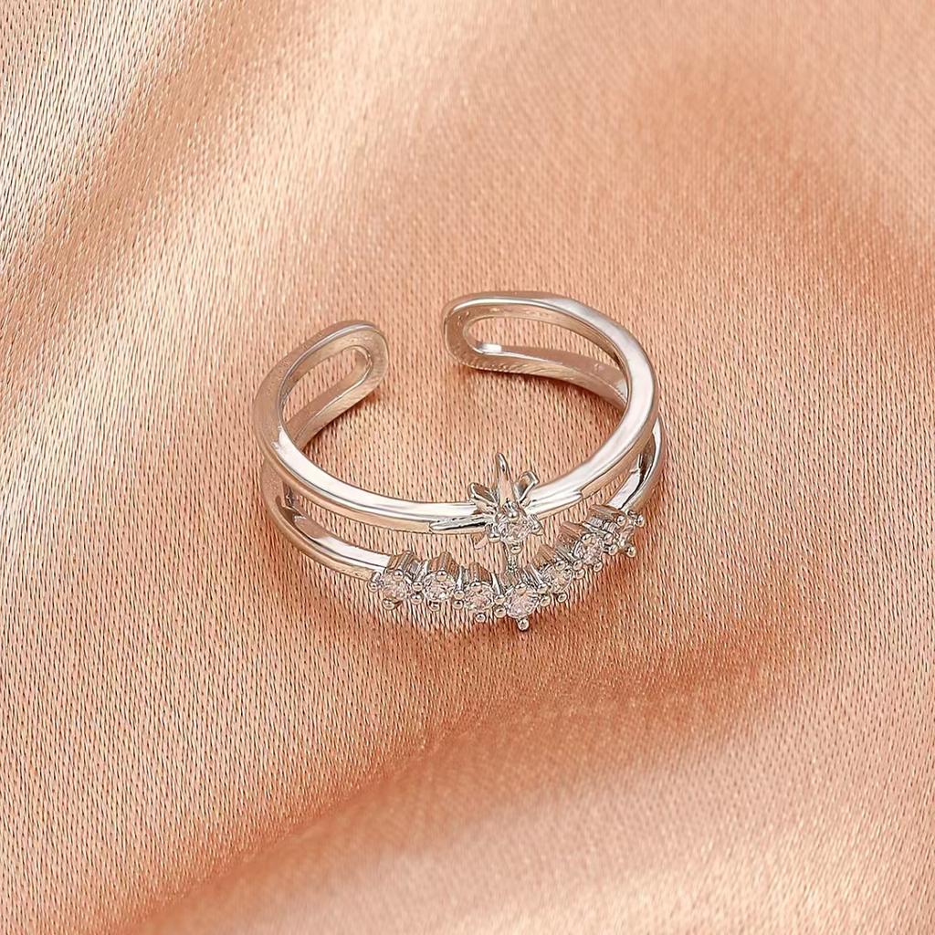 High-quality Retro Double-layer Ring for Women, Niche Ins Copper Micro-inlaid Zircon Butterfly Live Adjustable Simple Ring