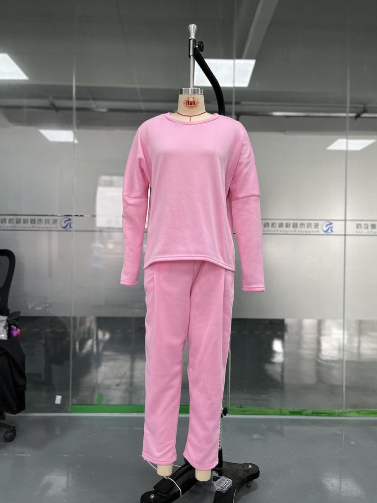 2025 Women's Solid Color Round Neck Long-Sleeve Top and Pocket Pants Suit
