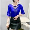 Summer New Women's Flare Sleeve T-shirt O-Neck Luxury Diamonds Tops High Quality Girl Shiny Mesh Tees