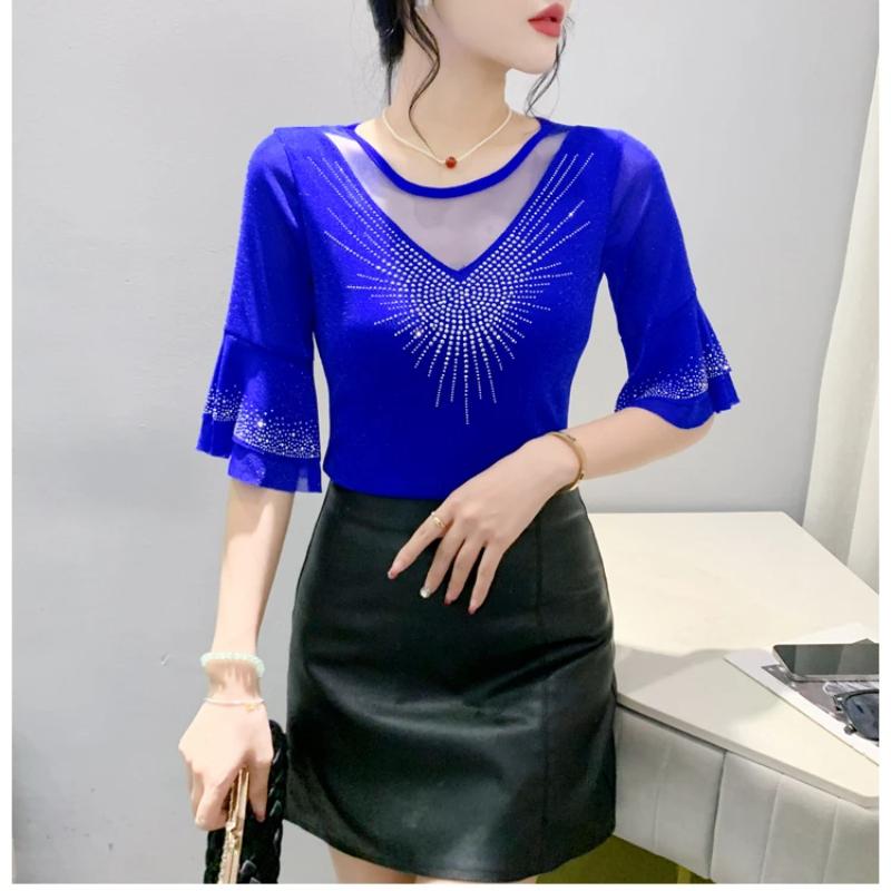 Summer New Women's Flare Sleeve T-shirt O-Neck Luxury Diamonds Tops High Quality Girl Shiny Mesh Tees