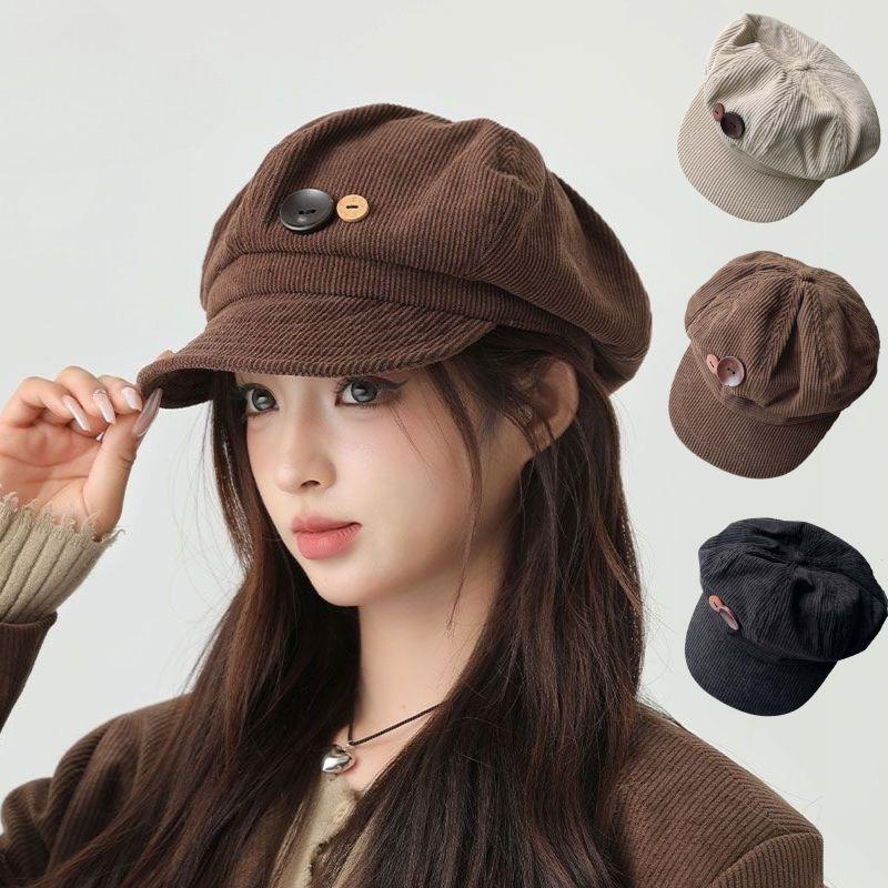 Koreanische Knopf-Achtkantkappe Vintage Cord-Barettmütze Für Damen Herbst Winter Maler Künstler Hüte Japanische Braune Schirmmützen