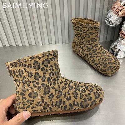 Flats Women Snow Ankle Boots Leopard Suede Short Plush Winter Cotton Shoes 2025 Trend Designer Warm Casual Cozy Botas De Mujer